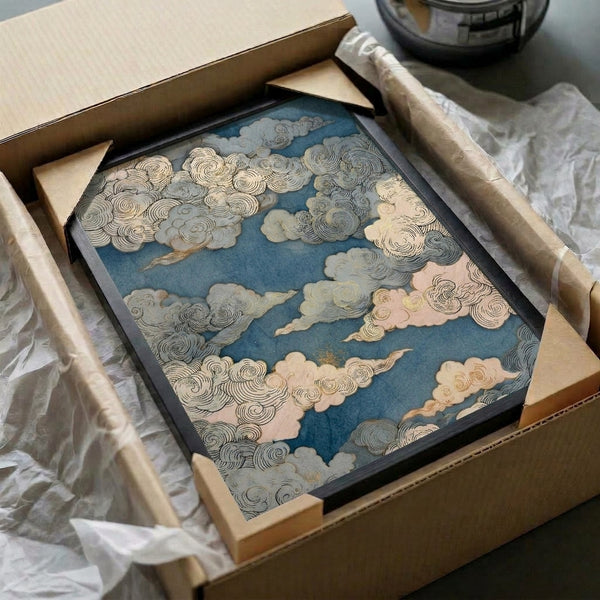 Elegant Japanese-inspired sky poster featuring layered clouds in soft cream and grey with deep teal and gold elements, evoking the peaceful, meditative quality of traditional woodblock prints.