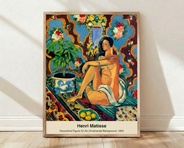 Matisse Decorative Figure Odalisque framed poster featuring a reclining woman surrounded by ornamental fabrics and geometric patterns in ochre, teal, and burgundy tones.