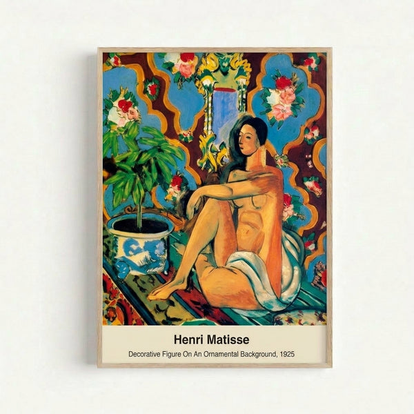 Modern art print of a stylized female figure with decorative textiles and patterned backgrounds in warm gold and cool teal hues, displayed as framed wall art.