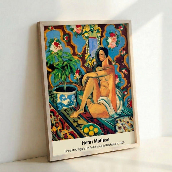 Art Deco inspired wall poster showing an odalisque figure amid layered fabrics and ornamental designs rendered in minimalist style with cream, burgundy, and ochre accents.