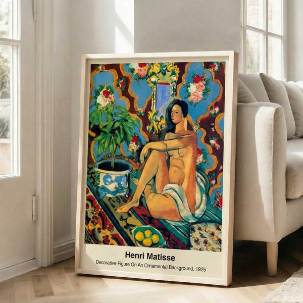 Ornamental figure study poster featuring geometric and fabric-inspired elements in warm cream and gold with cool teal and burgundy highlights, modern minimalist interpretation.