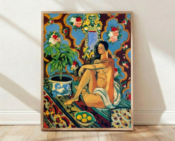 Matisse-style framed art print featuring a stylized decorative figure set against an ornamental patterned background in warm earth tones and jewel colors.