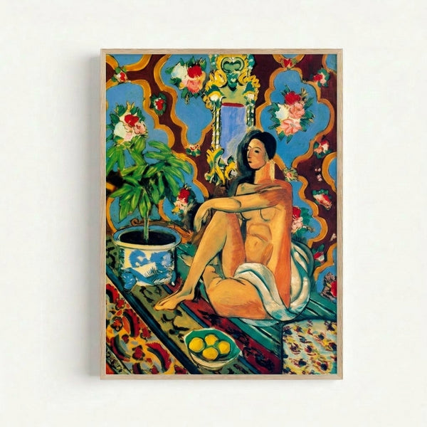 Framed poster of an elegant figure amid intricate decorative patterns, rendered in the modernist Matisse aesthetic with rich, harmonious color blocking.
