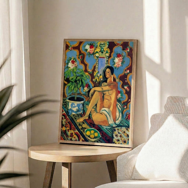 Framed artwork depicting a stylized figure integrated into an ornamental setting, dominated by expressive color and decorative pattern elements.