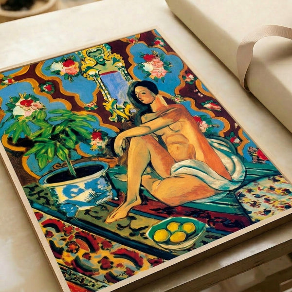 Wall art print of a contemplative figure embedded in an ornate, patterned composition rendered in bold, saturated hues and flattened forms.