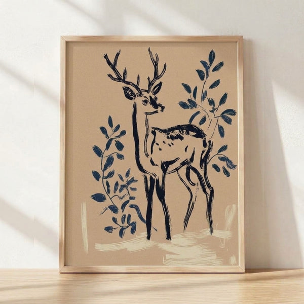 Minimalist line art framed poster featuring a graceful deer surrounded by botanical branches and leaves in navy, tan, and cream tones.