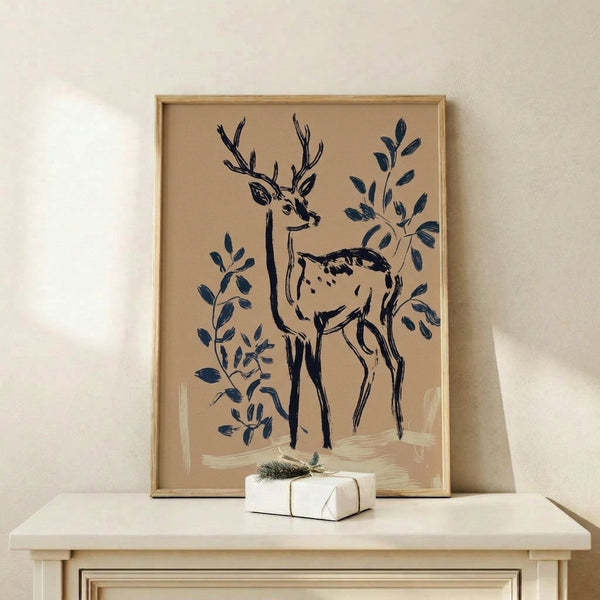 Calm, modern wall art print with a deer silhouette intertwined with delicate plant motifs in a soothing navy and beige palette.
