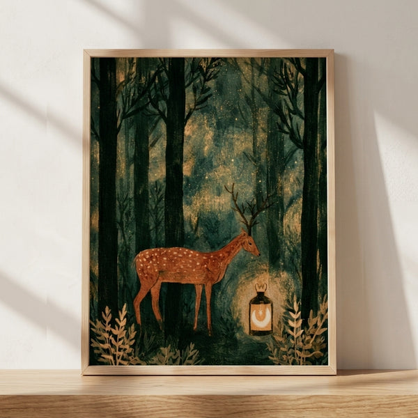 Whimsical cottagecore forest scene with a spotted deer beside a glowing lantern among dark trees and stars, rendered in forest green, rust brown, and warm gold tones.