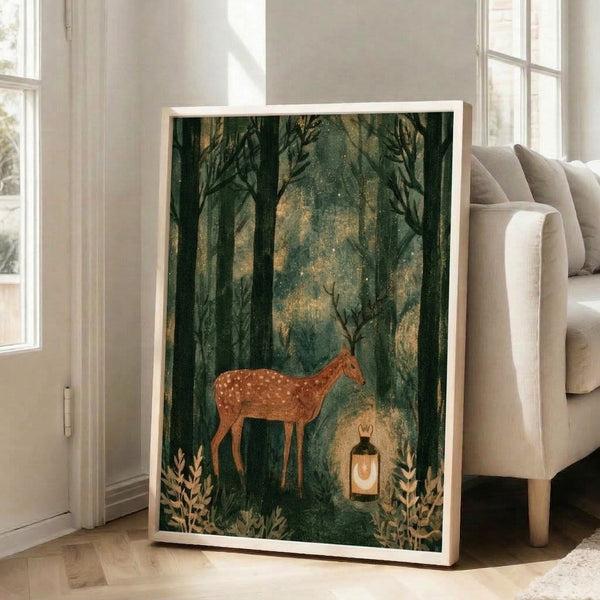 Peaceful woodland illustration featuring a gentle spotted deer illuminated by a magical lantern, surrounded by forest trees in earthy greens and browns with starlit sky.