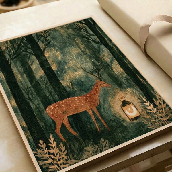 Magical woodland poster with a spotted deer and luminous lantern nestled in a dark forest landscape, capturing a whimsical, starry-night atmosphere in muted earth tones and gold.