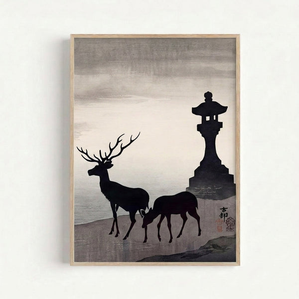 Japandi wall art print depicting a contemplative fawn next to a traditional stone lantern in a zen-inspired composition with muted grayscale palette.