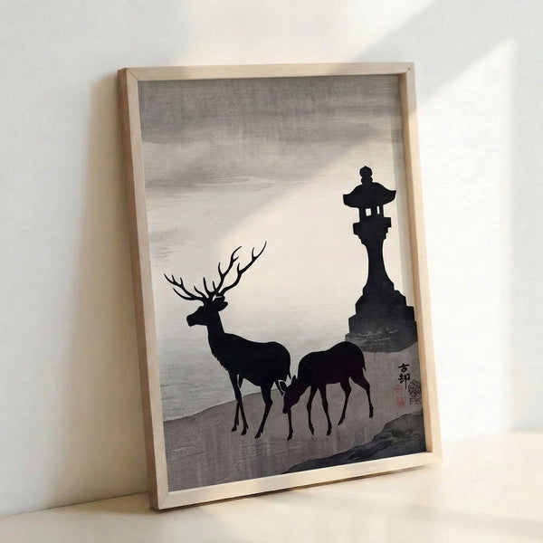 Framed ukiyo-e inspired poster showcasing a peaceful deer and lantern scene with minimalist mountain landscape in black and cream on cream background.