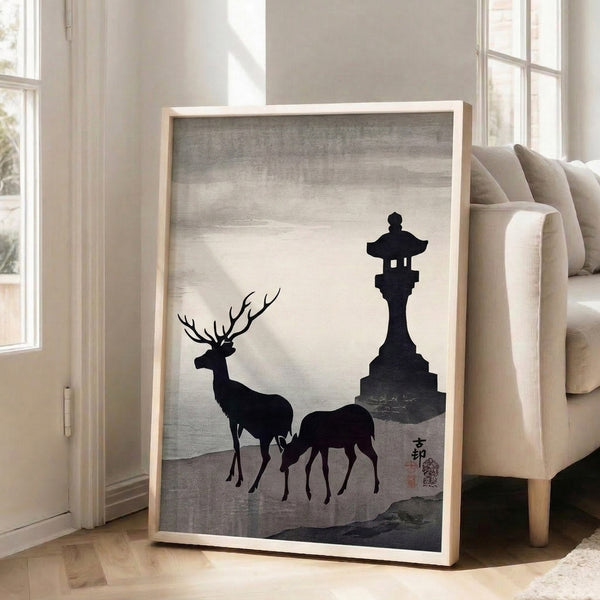 Serene Asian art print featuring a solitary deer, stone lantern, and water reflection in elegant black and gray Japanese woodblock style.