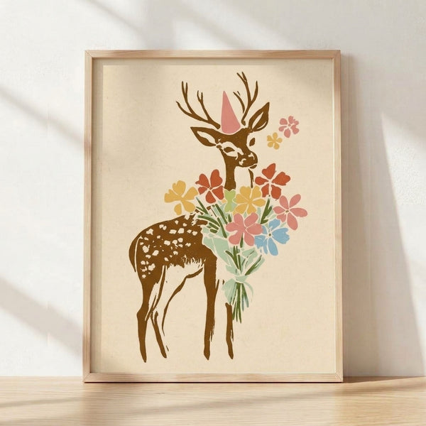 Whimsical watercolor painting of a deer wearing a colorful party hat, holding a vibrant flower bouquet in soft cream, coral, yellow, and sage green tones, framed as boho wall art.