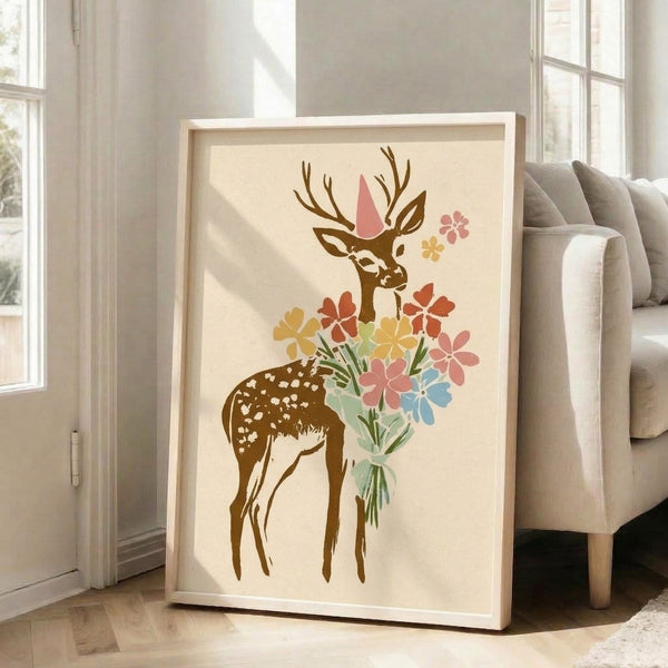 Modern boho watercolor illustration featuring a gentle deer adorned with a festive party hat and surrounded by delicate pink and coral flowers, displayed as a framed nature-inspired print.