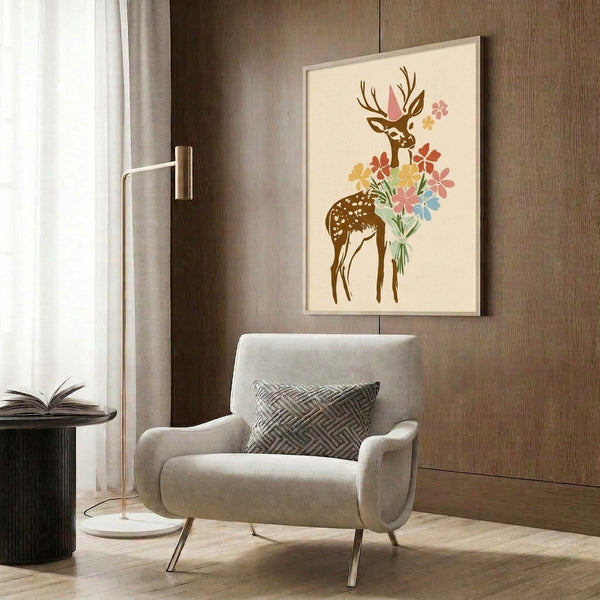 Peaceful yet playful watercolor artwork of an antlered deer with a party hat clutching a cheerful bouquet, rendered in warm cream and earthy brown with pops of coral and yellow, ideal for nature-loving decor.