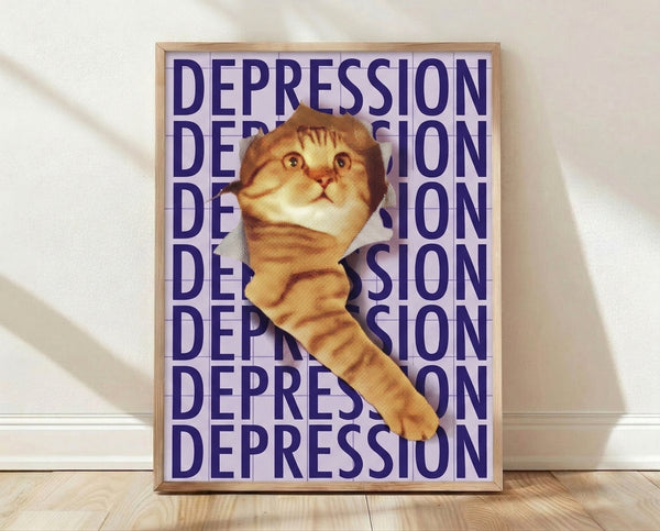 Pop art poster featuring a melancholic cat holding an ice cream cone against navy blue and cream tones, blending retro style with darkly humorous commentary on mental health.
