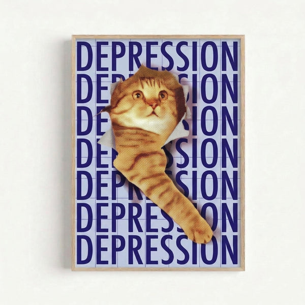 Retro-inspired art print of a sorrowful cat with ice cream in golden yellow and orange hues, rendered in bold pop art style with a thought-provoking, darkly comedic mood.