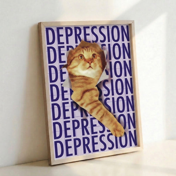 Modern pop art poster depicting a dejected cat clutching an ice cream cone, combining navy, cream, and warm golden tones in a melancholic yet whimsical retro aesthetic.