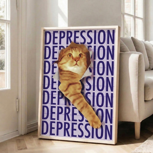 Framed pop art print showing a forlorn cat and ice cream against a navy blue background, blending retro graphic style with darkly humorous mental health commentary.