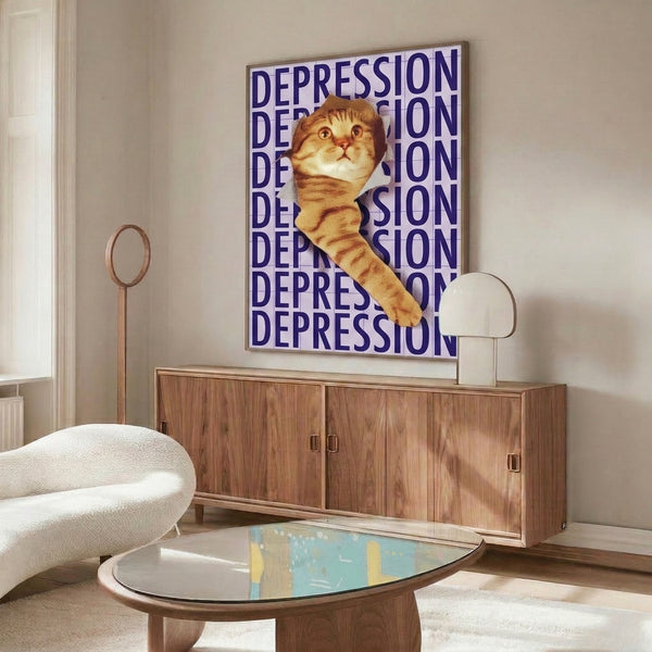 Retro pop art poster showcasing a melancholic feline with ice cream in a palette of navy blue, warm orange, and cream, merging modern satire with classic pop style.