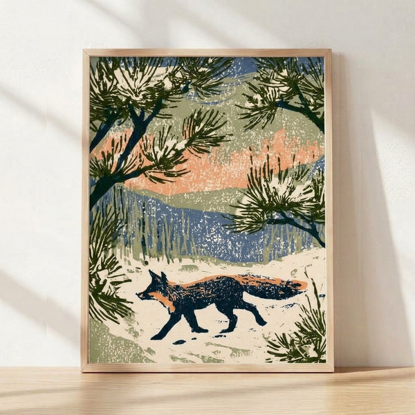 Framed vintage-style poster featuring a fox in a desert landscape with Joshua trees under a starry night sky, rendered in cream, dusty orange, and navy tones.