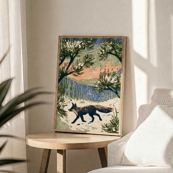 Retro art print of a solitary fox among sage green desert vegetation and sand dunes, with a muted blue and dark navy celestial backdrop evoking nostalgic adventure.