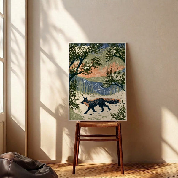 Vintage poster showcasing a fox in a serene desert wilderness scene with Joshua trees, muted earth tones, and a dreamy night sky in soft blues and creams.