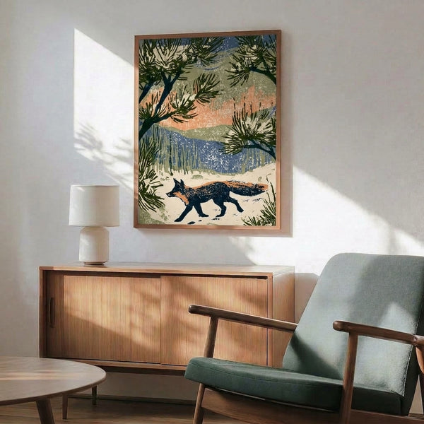 Cottagecore-inspired art print with a fox navigating sandy desert terrain dotted with vegetation, framed in soft vintage palette of cream, orange, green, and navy blue.