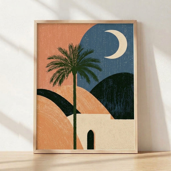 Minimalist framed poster featuring a stylized palm tree beneath a crescent moon over desert dunes in warm terracotta and slate blue tones.