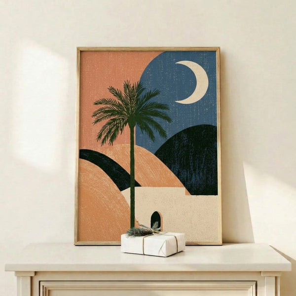 Serene modern art print with a solitary palm silhouette against a crescent moon and rolling desert landscape in muted earth tones and deep blue.