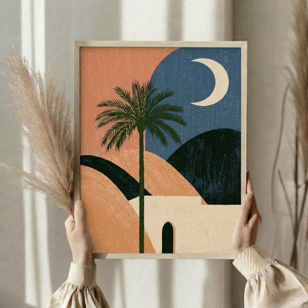 Contemplative retro-style poster depicting a palm tree and moon phase design with dunes in cream, terracotta, and slate blue hues.