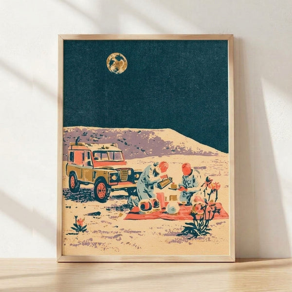 Retro desert landscape poster featuring a whimsical nighttime picnic scene under a glowing moon, with a vintage vehicle and figures in teal, golden yellow, and coral tones.