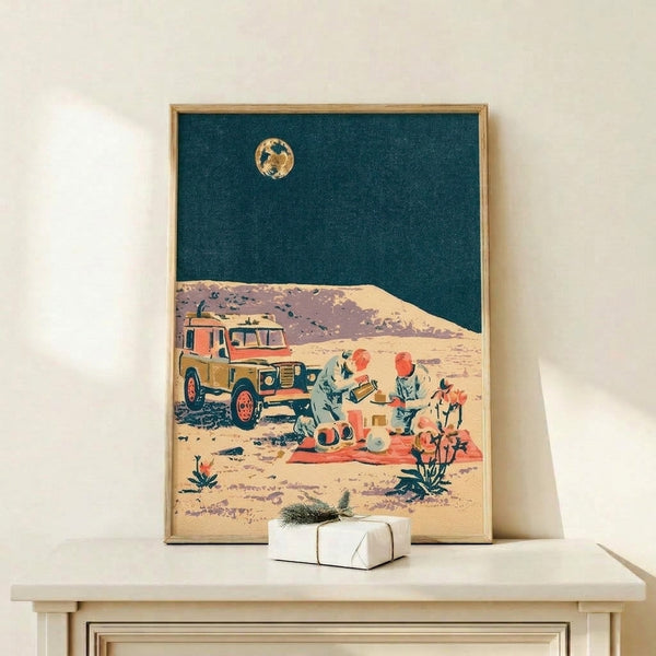 Nostalgic mid-century style art print depicting an adventurous moonlit desert campground with warm gold and dusky mauve hues, framed on a wall.