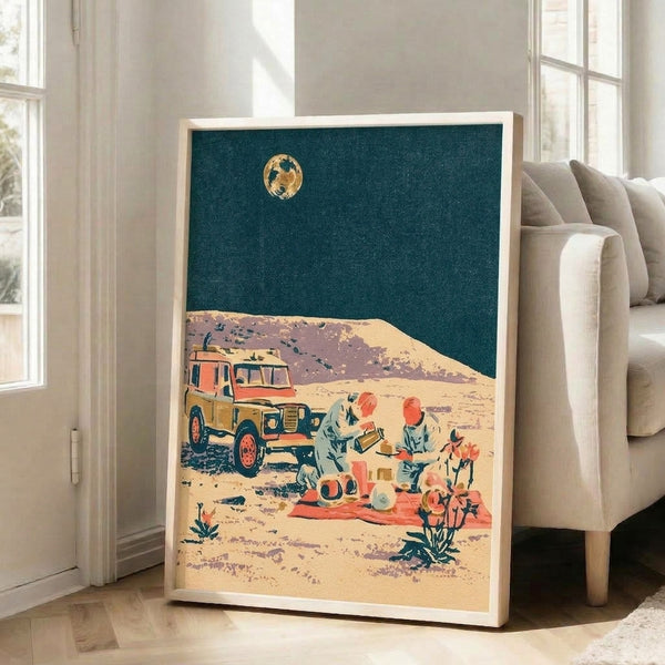 Vintage-inspired poster showcasing a dreamy desert evening picnic beneath a luminous moon, rendered in retro color palette of teal, coral, and navy.