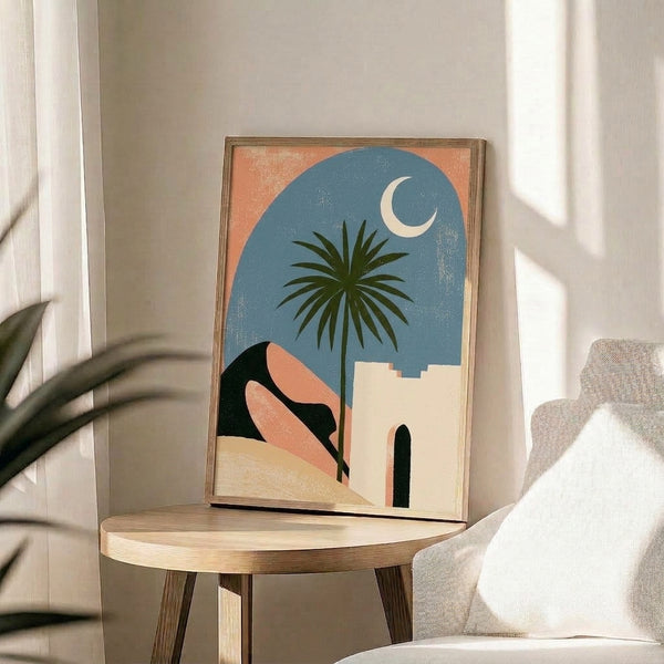 Art Deco inspired wall print featuring geometric palm and moon forms in cream, dark green, and coral tones with a contemplative desert aesthetic.