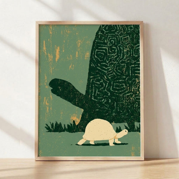 Minimalist Japandi framed poster featuring a serene turtle in a contemplative zen landscape with cactus and tree elements in sage green, cream, and forest green tones.