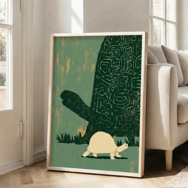 Wabi-sabi inspired wall art print depicting a peaceful turtle surrounded by botanical elements in warm sage and gold hues with a tranquil, nature-connected aesthetic.
