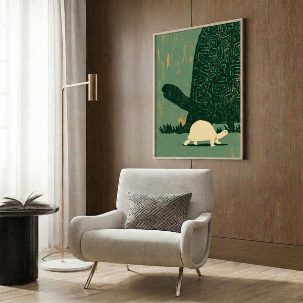 Serene framed nature print with minimalist turtle illustration amid landscape elements in soft sage, dark green, and warm tan tones reflecting Japandi design philosophy.