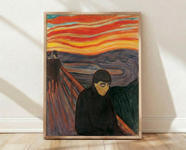 Expressionist poster featuring a figure in dark tones with swirling brushstrokes, evoking anxiety and inner turmoil, framed on a wall.
