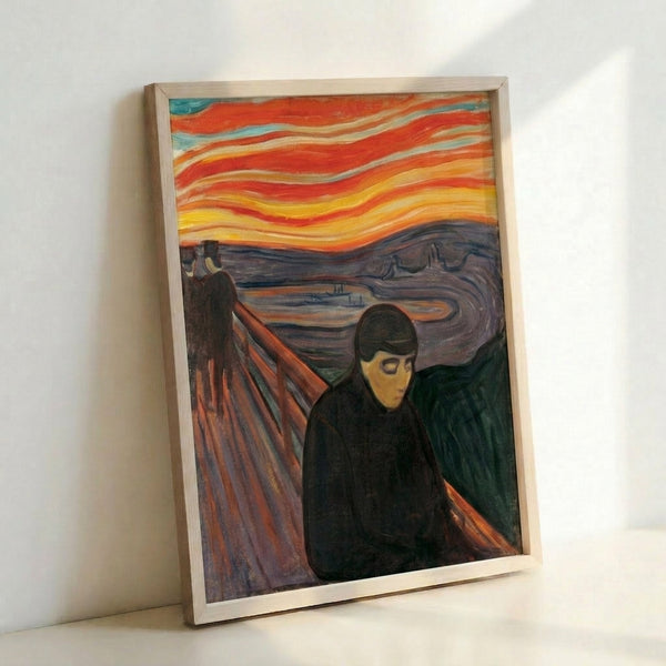 Framed poster of a haunting expressionist composition with a contemplative figure surrounded by dynamic, distorted forms in shadowy colors.