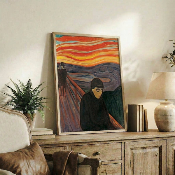 Dark expressionist framed print capturing psychological despair through writhing forms and a palette of blacks, browns, and muted earth tones.