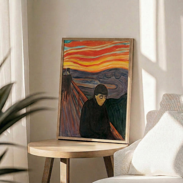 Expressionist art print featuring a troubled figure amid turbulent, expressive linework in a restrained palette of dark and neutral shades, hung on a wall.