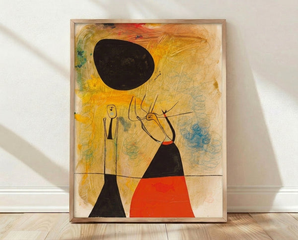 Abstract surrealist print Deux Personnages featuring playful biomorphic forms in red, blue, yellow, and black on a light background, framed on a wall.