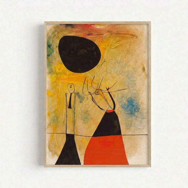 Framed modern art print with two whimsical abstract figures composed of organic shapes and curved lines in vibrant primary colors.