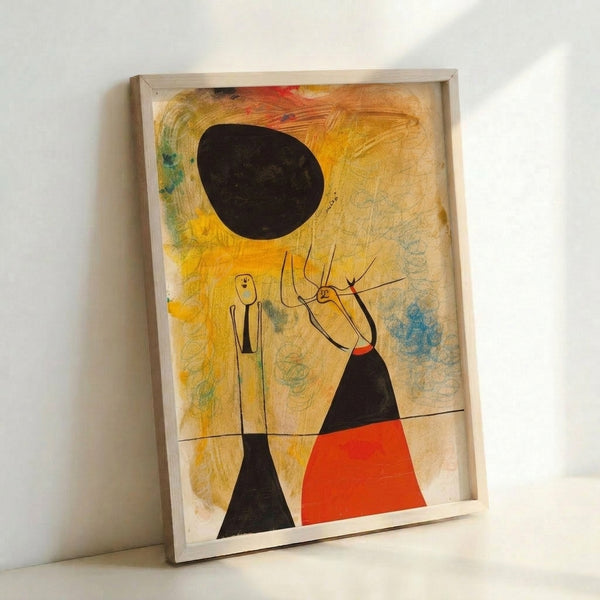 Surreal abstract wall art displaying imaginative character forms in bold reds, blues, and yellows with flowing, organic line work.