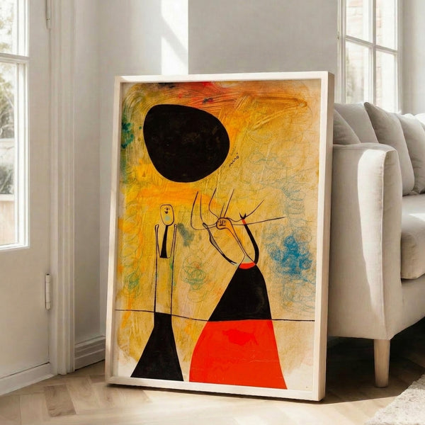 Playful abstract composition with two stylized figures rendered in bright primary hues and dynamic curved shapes, displayed as a framed poster.