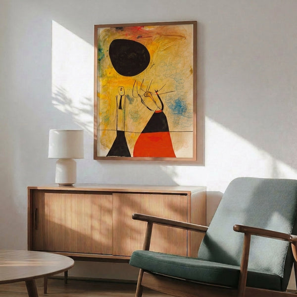 Modern surrealist print showing two fantastical abstract characters with biomorphic forms in red, blue, yellow, and black on neutral background.