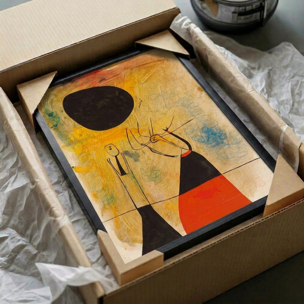 Contemporary abstract wall print depicting two imaginative surreal forms with playful curved lines and a bold palette of red, blue, and yellow.