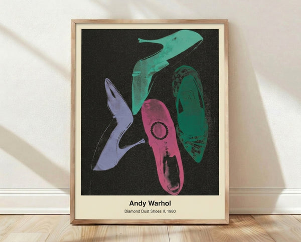 Pop art framed poster featuring stylized black and silver shoes with diamond dust effect on white background, modern minimalist wall art with glamorous aesthetic.